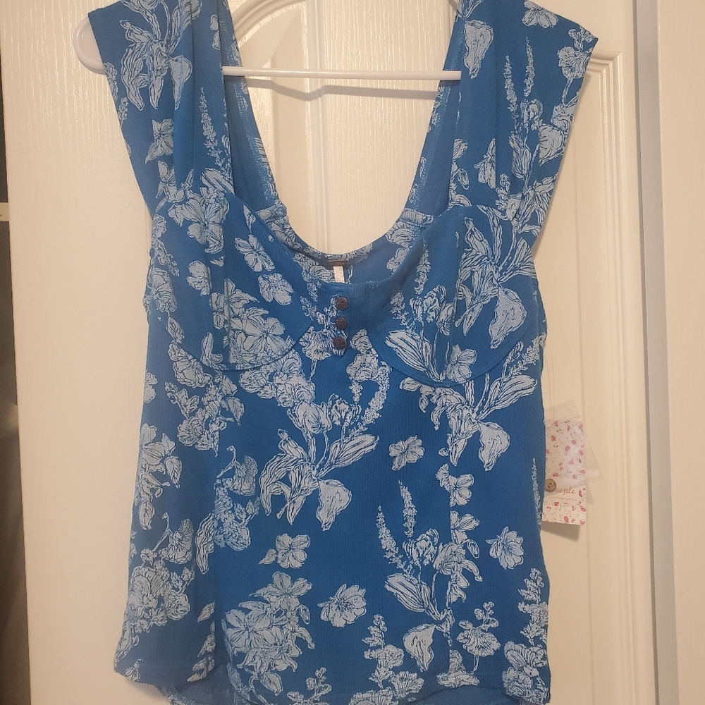 NWT Free People Blue Vanessa Floral Tank Top Sz L